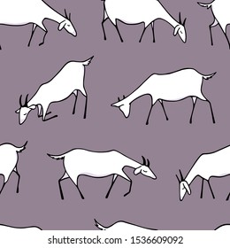 Vector seamless pattern with hand drawn white goats herd grazing on a meadow. Cute animal characters, perfect for prints and patterns