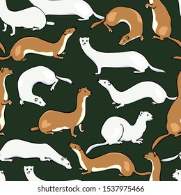 Vector seamless pattern with hand drawn cute weasels in summer and winter coats. Beautiful animal design elements, ink drawing. Perfect for prints and patterns