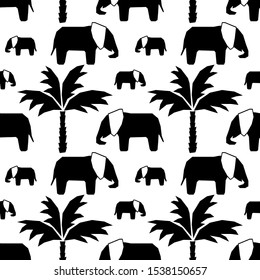 Vector Seamless pattern with hand drawn silhouette elephants and baby elephant, palm trees . Vector in flat style. Black and white.