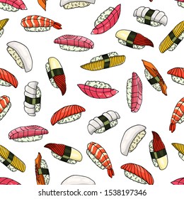 Vector seamless pattern with hand drawn sushi. Beautiful food design elements, perfect for any business related to the food industry.