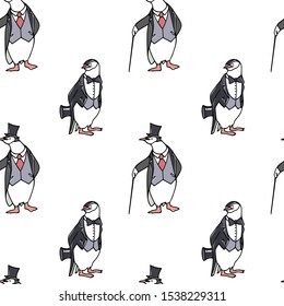 Vector seamless pattern with hand drawn penguin in black tie. Ink drawing, graphic style, beautiful animal design element