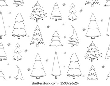 Vector seamless pattern with hand drawn Christmas trees and snowflakes isolated on white background. Endless texture. Wrapping paper, positive new year fabric print. Cartoon winter holiday decoration