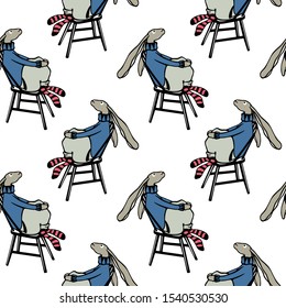 Vector seamless pattern with hand drawn hares sitting in chairs under the sky. Beautiful ink drawing, perfect for prints and patterns