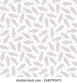 Vector seamless pattern with hand drawn geometric fishes. Violet fishes upon white background. Creative ornament for covers, backgrounds, textile and interior decoration
