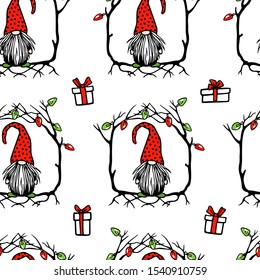 Vector seamless pattern with hand drawn cute Nisse in dotted high cap in floral wreath with Christmas decoration. Ink drawing, funny illustration, beautiful Christmas design elements.