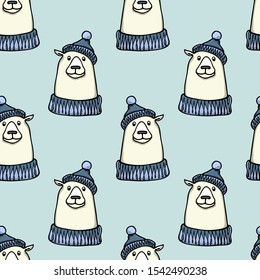 Vector seamless pattern with hand drawn cute polar bears in knitted hats and sweaters. Funny design elements, animal illustration, ink drawing. Perfect for prints and patterns