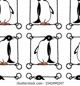Vector seamless pattern with hand drawn penguin in rope wreath. Ink drawing, beautiful animal and nautical design elements.