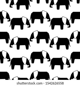 Vector Seamless pattern with hand drawn silhouette elephants . Background in flat style. Black and white.
