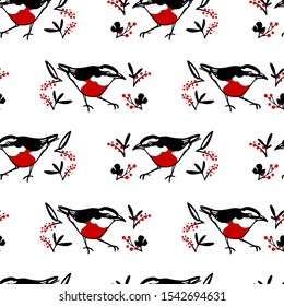Vector seamless pattern with hand drawn cute bullfinch with floral elements. Ink drawing, beautiful animal design elements. Perfect for prints and patterns