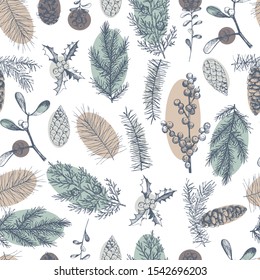 Vector  seamless pattern with hand drawn Christmas plants