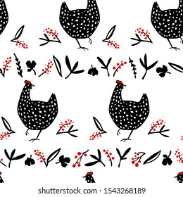 Vector seamless pattern with hand drawn black speckled hens with floral elements. Beautiful ink drawing, sweet elements for food or farming design. 