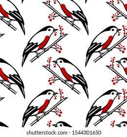 Vector seamless pattern with hand drawn cute birds with red berry twigs made with ink. Beautiful animal and Christmas design elements. Perfect for prints and patterns