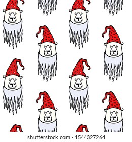 Vector seamless pattern with hand drawn cute polar bears wearing fake beard and  in dotted cap. Sweet Christmas or New Year design elements, perfect for prints and patterns.