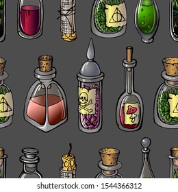 Vector seamless pattern with hand drawn glass bottles with witch potions. Red, green ,brown colors. Liquid, herbs, vox candle. Gray background on separate level. Halloween design