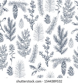 Vector  seamless pattern with hand drawn Christmas plants