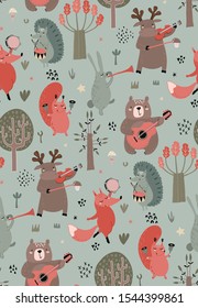 Vector seamless pattern with hand drawn wild forest animals with musical instruments. Colorful endless background for textile, wrapping paper, invitations, preschool and children room decoration