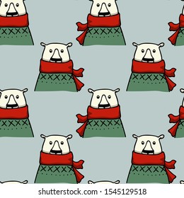 Vector seamless pattern with hand drawn cute polar bears in sweaters. Funny design elements, animal illustration, ink drawing. Perfect for prints and patterns