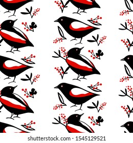 Vector seamless pattern with hand drawn cute birds with red berry twigs made with ink. Beautiful animal and Christmas design elements. Perfect for prints and patterns