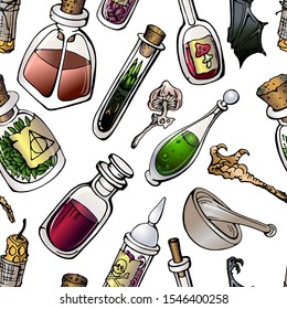 Vector seamless pattern with hand drawn glass bottles with corks, labels.Poisoned mushrooms, bat wing,bird's paw, mortar and pestle. Halloween , fairy tale design