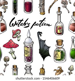 Vector seamless pattern: hand drawn glass bottles with corks, labels, poisoned mushrooms, bat wing,bird's paw. Halloween , fairy tale, alchemy design. Lettering