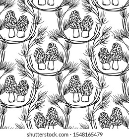 Vector seamless pattern with hand drawn wild morel mushrooms in pine wreath. Ink drawing, graphic style. Beautiful design elements. Perfect for prints and patterns