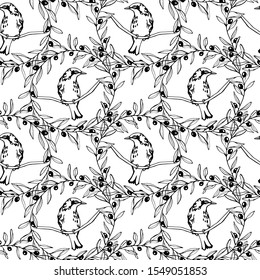 Vector seamless pattern with hand drawn cute birds in olive wreath made with ink. Perfect design elements, beautiful animal illustration