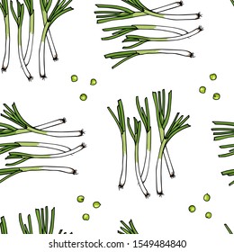 Vector seamless pattern with hand drawn spring onions and green peas. Beautiful food design elements, green vegetables illustration. Perfect for prints and patterns