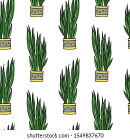 Vector seamless pattern with hand drawn Snake plant in pot. Beautiful floral design elements, perfect for prints and patterns