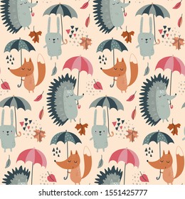 Vector seamless pattern with hand drawn wild forest animals with umbrellas, fall leaves. Colorful autumn endless background for textile, wrapping paper, preschool and children room decoration