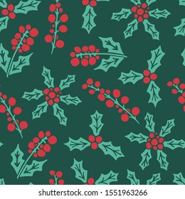 Vector seamless pattern with hand drawn doodle illustration of Christmas holly berry. Red berries with green leaves on dark green background. New Year, Christmas fabric, textile print template