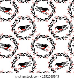 Vector seamless pattern with hand drawn red-breasted birds in barberry wreath made with ink. Beautiful Christmas and New Years design elements, perfect for prints and patterns