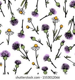 Vector seamless pattern with hand drawn chamomile and burdock twigs. Beautiful ink drawing, vintage style.