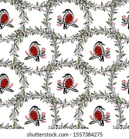 Vector seamless pattern with hand drawn red-breasted birds in barberry wreath made with ink. Beautiful Christmas and New Year design elements, perfect for prints and patterns