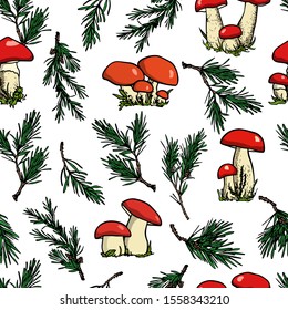 Vector seamless pattern with hand drawn wild mushrooms and pine twigs. Ink drawing, beautiful Christmas or wildlife design elements.