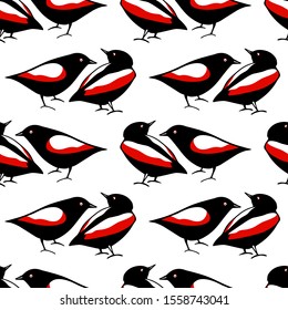 Vector seamless pattern with hand drawn cute red-winged birds made with ink. Beautiful animal and Christmas design elements. Perfect for prints and patterns