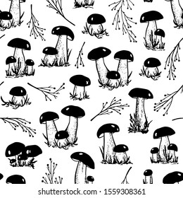 Vector seamless pattern with hand drawn wild mushrooms and twigs. Ink drawing, beautiful nature design elements. Perfect for prints and patterns