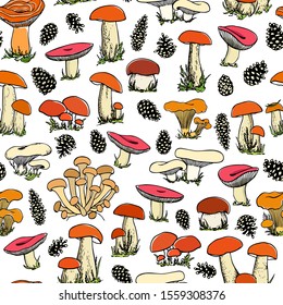 Vector seamless pattern with hand drawn wild mushrooms with pine cones. Ink drawing, beautiful food design elements. Perfect for prints and patterns