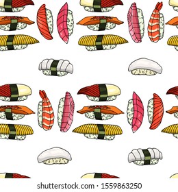 Vector seamless pattern with hand drawn sushi. Beautiful food design elements, perfect for any business related to the food industry.