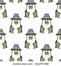 Vector Seamless Pattern With Hand Drawn Cute Polar Bear In Secret Agent Appearance, With Hat On And Suspicious Look. Funny Design Elements, Perfect For Prints And Patterns