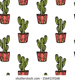 Vector seamless pattern with hand drawn cactus in painted pot. Ink drawing, graphic style. Beautiful floral design elements, perfect for prints and patterns