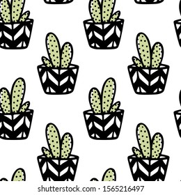 Vector seamless pattern with hand drawn cactus in painted pot. Ink drawing, graphic style. Beautiful floral design elements, perfect for prints and patterns