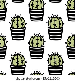 Vector seamless pattern with hand drawn cactus in painted pot. Ink drawing, graphic style. Beautiful floral design elements, perfect for prints and patterns