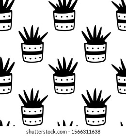 Vector seamless pattern with hand drawn succulents in painted pots. Ink drawing, graphic style. Beautiful floral design elements, perfect for prints and patterns