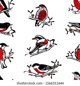 Vector seamless pattern with hand drawn cute birds with red berry twigs made with ink. Beautiful animal and Christmas design elements. Perfect for prints and patterns