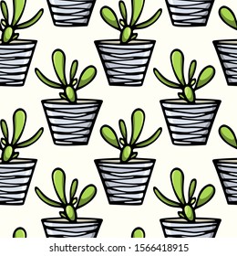 Vector seamless pattern with hand drawn houseplants in painted pots. Ink drawing, graphic style. Beautiful floral design elements, perfect for prints and patterns