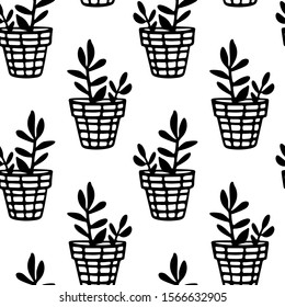 Vector seamless pattern with hand drawn houseplants in painted pots. Ink drawing, graphic style. Beautiful floral design elements, perfect for prints and patterns