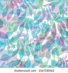 Vector seamless pattern with hand drawn leaves and geometric background with simple triangel shapes. Foliage in pastel colors on abstract mosaic backdrop