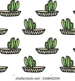 Vector seamless pattern with hand drawn cactus in painted pot. Ink drawing, graphic style. Beautiful floral design elements, perfect for prints and patterns