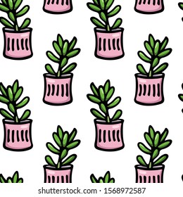 Vector seamless pattern with hand drawn succulents in painted pots. Ink drawing, graphic style. Beautiful floral design elements, perfect for prints and patterns