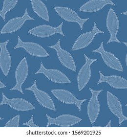 Vector seamless pattern with hand drawn geometric fishes upon dark blue background. Creative ornament for covers, backgrounds, textile and interior decoration